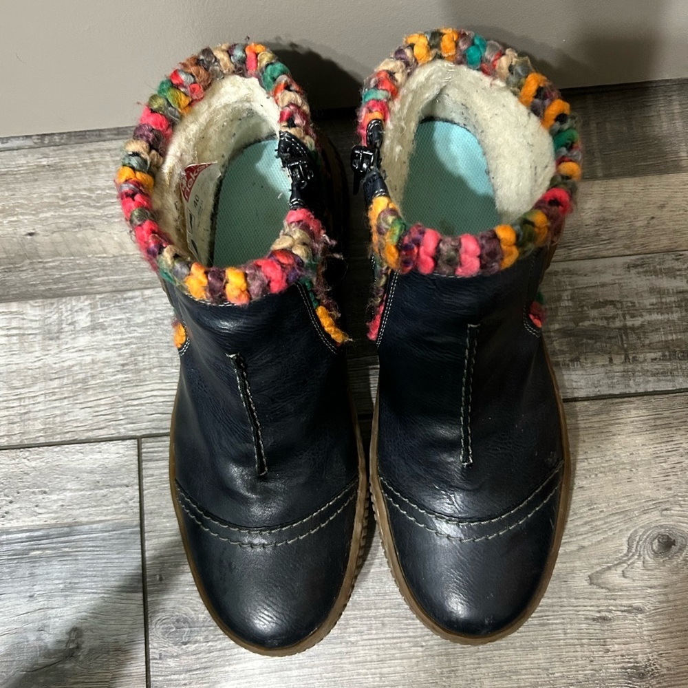 Rieker Navy Blue side zipper Ankle Boots with Colorful Knit Trim - Picture 6 of 11